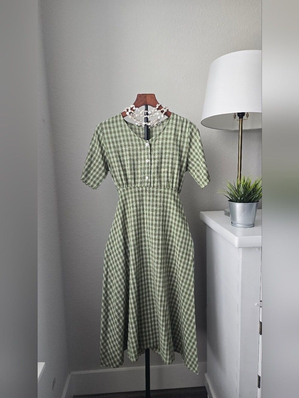 🌿 Sage Green Plaid Midi Dress Size S Cottagecore Tie Back Button Front